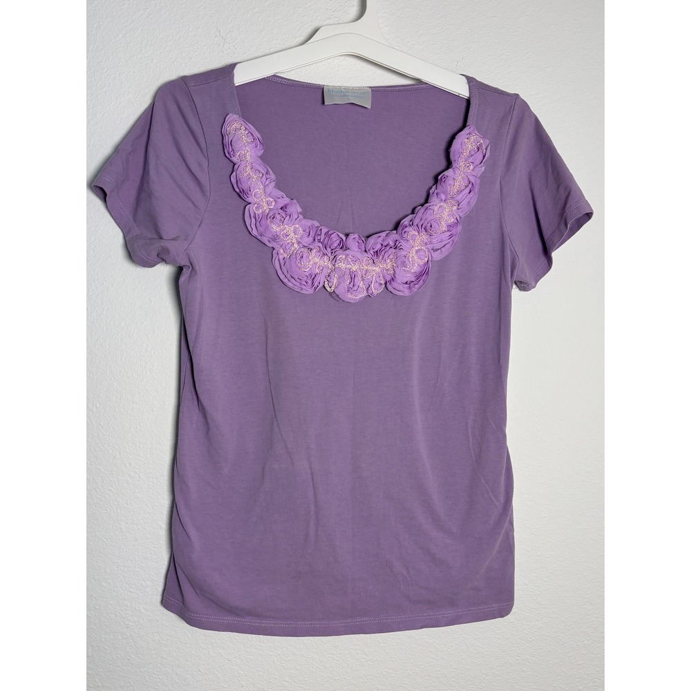 Motherwear Purple Nursing Maternity Top Rosette Ruffle Scoop Neck Short Sleeve L